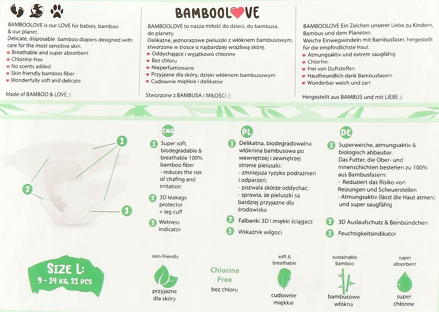 Bamboo Diapers, L (9-14 kg), 21 pcs - Bamboolove — photo N2