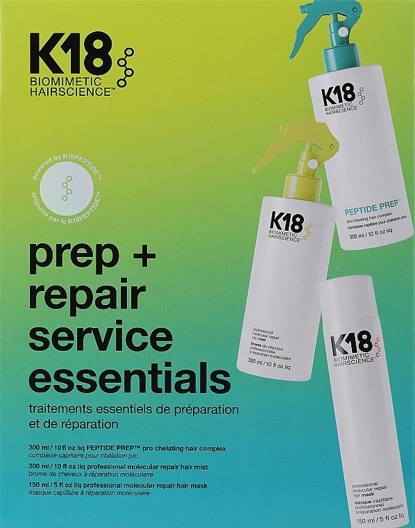 Set - K18 Hair Prep+ Repair Service Essentials Set (complex/hair/300 ml + mist/hair/300 ml + mask/hair/150 ml) — photo N1