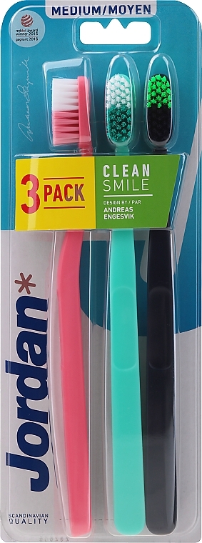 Medium Toothbrush, 3 pcs, pink, turquoise, black - Jordan Clean Smile Medium — photo N2