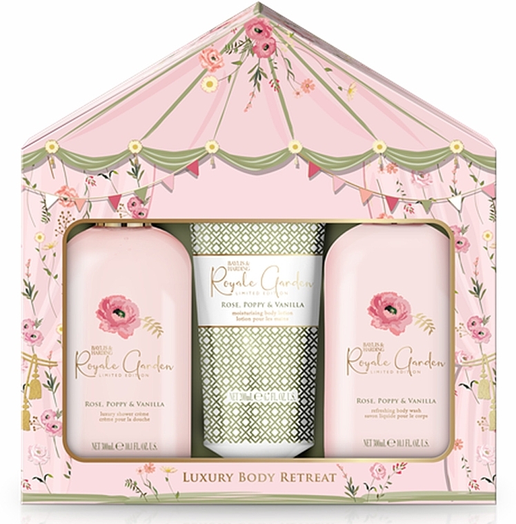 Set - Baylis & Harding Royale Garden Rose, Poppy & Vanilla Luxury Trio Bathing Gift Set (sh/cr/300 ml + sh/gel/300 ml + b/lot/200 ml) — photo N1