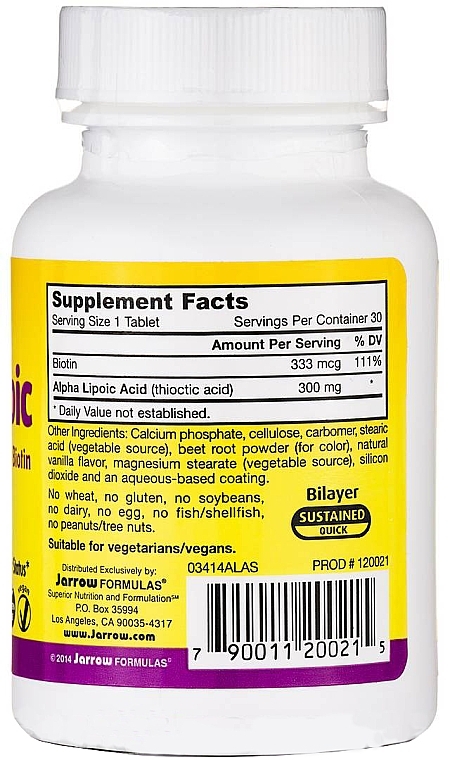 Dietary Supplement - Jarrow Formulas Alpha Lipoic Sustain with Biotin 300 mg — photo N2