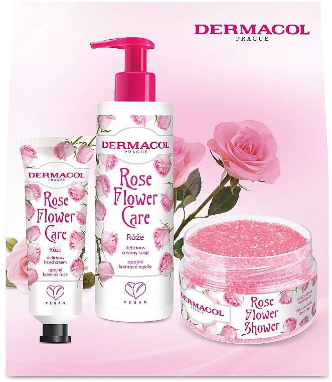 Set - Dermacol Rose Flower Care Set (h/cr/30ml + l/soap/250ml + b/scrub/200g) — photo N1