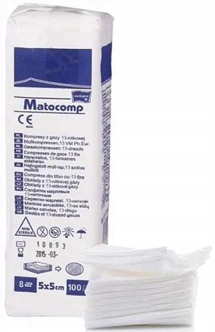 Gauze Compresses, 13-thread, 8-layer, non-sterile, 5x5 cm, 100 pcs. - Matopat Matocomp — photo N1