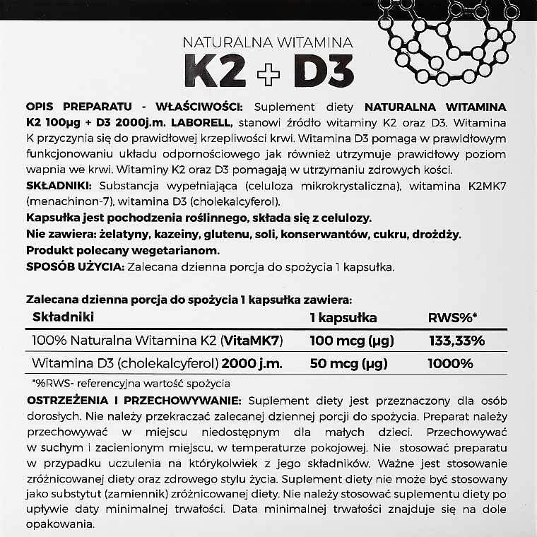 Vitamin K2 100 mg + D3 2000 j.m. Dietary Supplement, capsules - Laborell — photo N2
