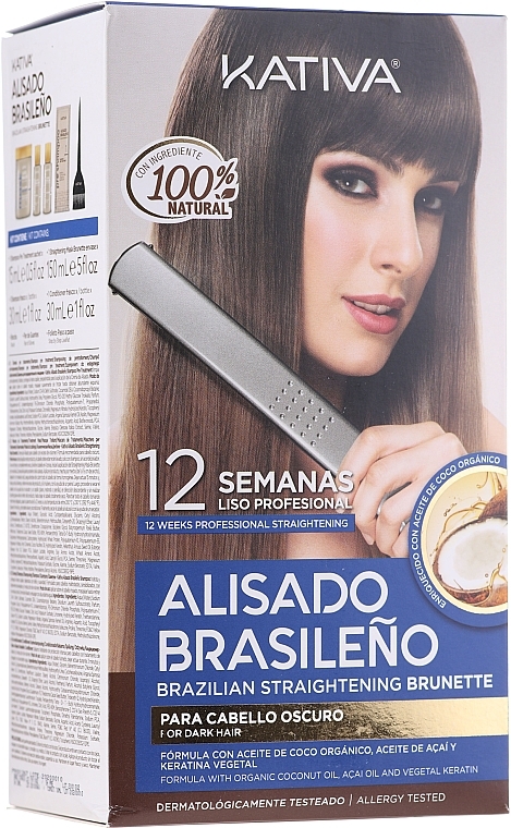 Keratin Hair Straightening Kit, for Brunettes - Kativa Alisado Brasileno Straightening Brunette (shm/15ml + mask/150ml + shm/30ml + cond/30ml + brush/1pcs + gloves/1pcs) — photo N1