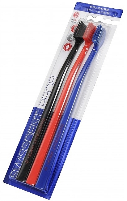 Soft-Medium Toothbrush Set, black+red+dark blue - SWISSDENT Profi Colours Soft-Medium Trio-Pack — photo N2