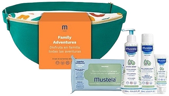 Set - Mustela Family Adventures Banana Bag Terracotta (bag + wipes/60pcs + milk/300ml + gel/200ml + cr/40ml) — photo N1