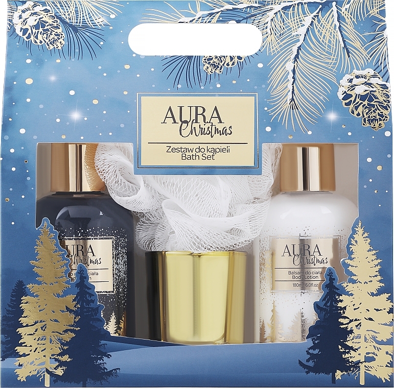 Set - Aura Cosmetics Christmas Bath Set (body wash/180 ml + b/lot/180 ml + candle/1 pc + b/sponge/1 pc) — photo N2