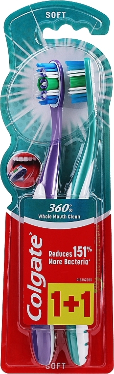 Whole Mouth Clean Soft Toothbrushes, purple and green - Colgate 360 Whole Mouth Clean Soft — photo N1