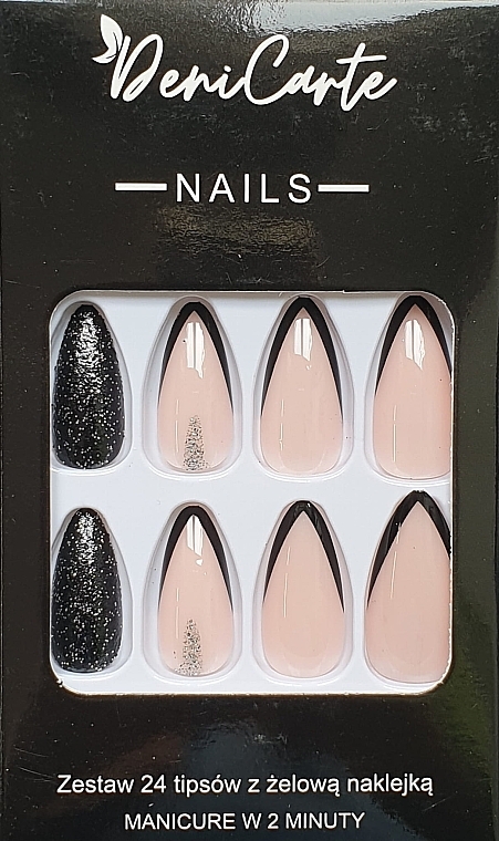 False Nails 'Black French with Shiny Silver Decoration', 24 pcs. - Deni Carte Tipsy Black French Caviar 9164 — photo N1