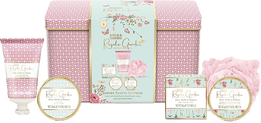 Set, 6 products - Baylis & Harding Royale Garden Rose, Poppy & Vanilla Luxury Pamper Keepsake Tin Gift Set — photo N1