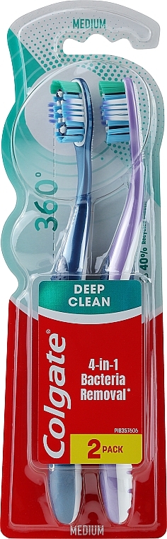 360 Super Clean Toothbrush, medium, 1+1, blue + purple - Colgate — photo N1