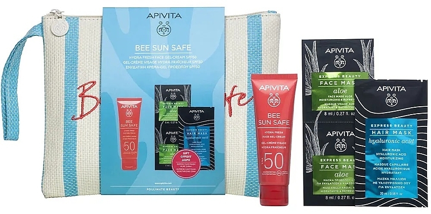 Set - Apivita Bee Sun Safe Hydra Fresh Face Gel-Cream SPF50 (sun/cr/50ml+f/mask/2x8ml+h/mask/20ml+bag) — photo N1