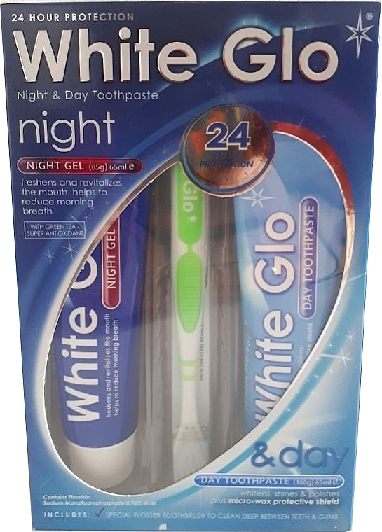 Set with Yellow Toothbrush - White Glo Night & Day Toothpaste (t/paste/65ml + t/gel/65ml + toothbrush) — photo N2