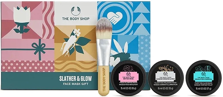 Set - The Body Shop Slather & Glow Face Mask Gift (f/mask/3x15ml + brush/1pcs) — photo N1