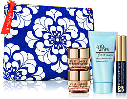 GIFT! Makeup Bag with Cosmetics, blue with pattern - Estee Lauder (lot/30ml + cr/7ml + eye/balm/5ml + mascara/2.8ml + pouch) — photo N1