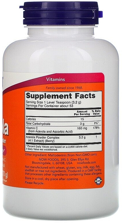 Food Supplement "Acerola & Vitamin C" - Now Foods Acerola 4:1 Extract Powder — photo N2