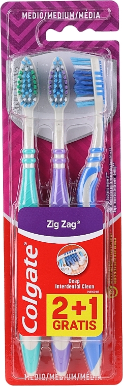 Zigzag Set, medium hardness, green + purple + blue - Colgate Medium Toothbrush — photo N1