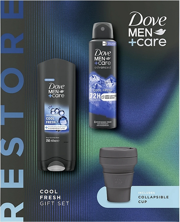 Set - Dove Men+Care Cool Fresh Set (sh/gel/250ml + deo/spray/150ml + folding/cup) — photo N2