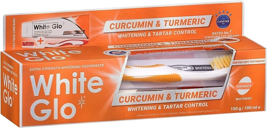 Set with Orange Toothbrush - White Glo Curcumin & Turmeric Whitening (toothpaste/150 g + toothbrush) — photo N1