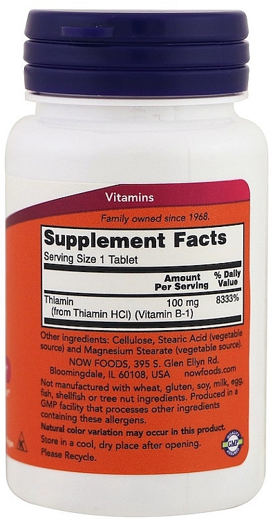 Vitamin B1 "Thiamin", 100 mg - Now Foods Vitamin B1 Tiamin — photo N4