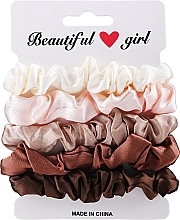 Fragrances, Perfumes, Cosmetics Satin Scrunchie Set, 5 pcs, white + light pink + brown + burgundy + dark brown - Yeye