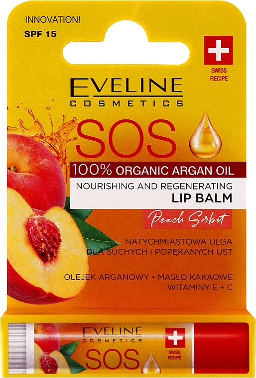 Peach Nourishing Lip Balm - Eveline Cosmetics Argan Oil Sos Peach Sorbet — photo N2