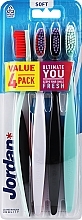 Fragrances, Perfumes, Cosmetics Soft Toothbrush, 4 pcs, mint-red + purple + black-purple + mint - Jordan Ultimate You Soft Toothbrush