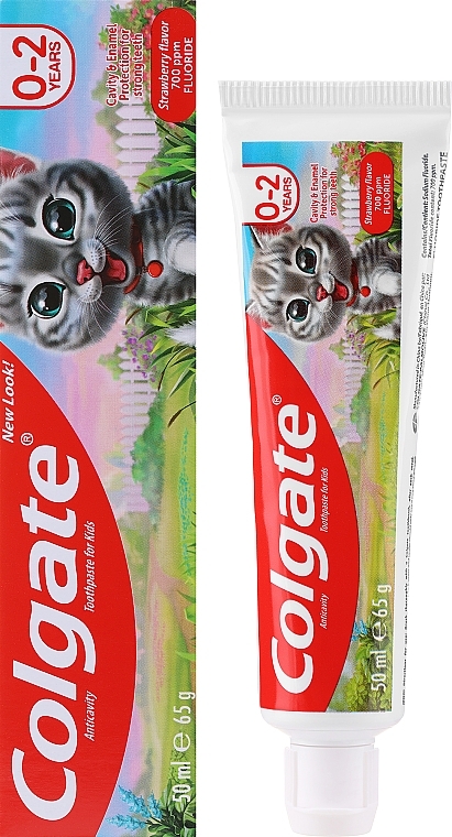 Kids Strawberry Toothpaste, grey cat, 0-2 years - Colgate Strawberry Kids Tooth Paste — photo N1