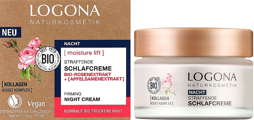 Night Cream for Normal & Dry Skin - Logona Bio Moisture Lift Rose Firming Night Cream — photo N2