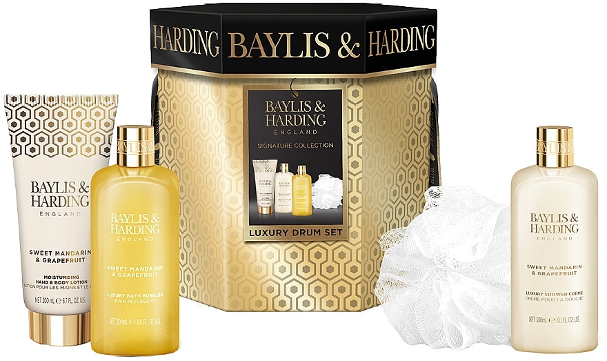 Set - Baylis & Harding Sweet Mandarin & Grapefruit Luxury Drum Gift Set (b/lot/200ml + sh/cr/300ml + bath/bubble/300ml + sh/sponge) — photo N1