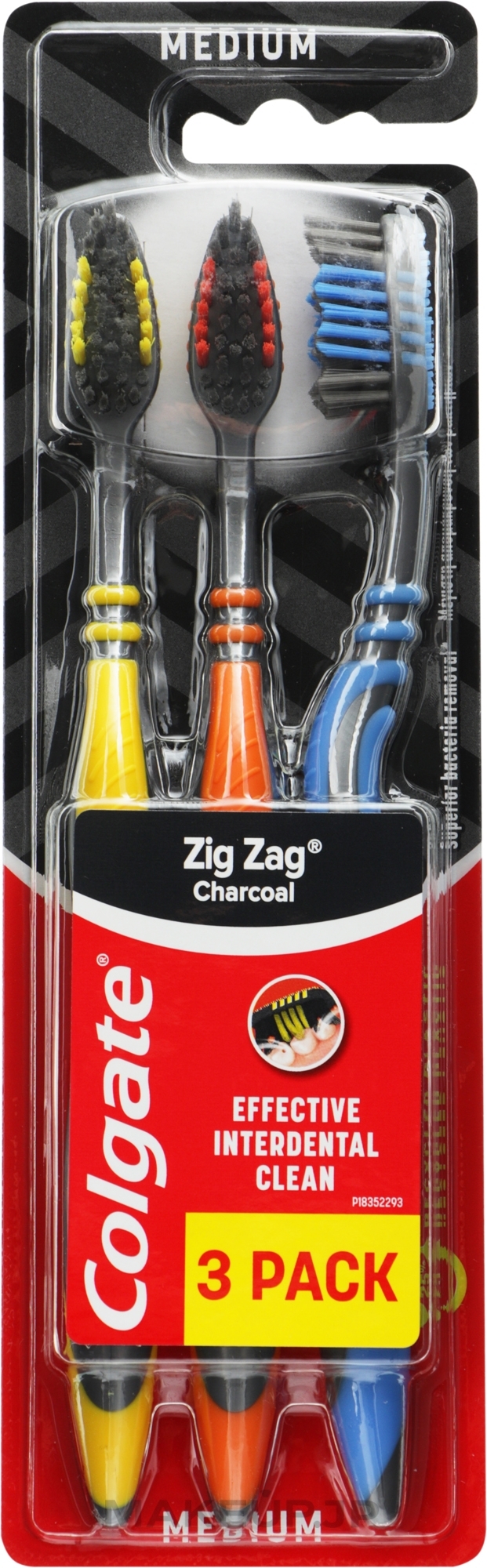 Zig Zag Charcoal Toothbrush, medium, orange + yellow + dark blue - Colgate — photo 3 szt.