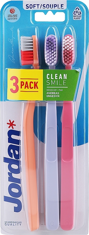 Soft Toothbrush, pink, orange, lavender - Jordan Clean Smile Soft — photo N1