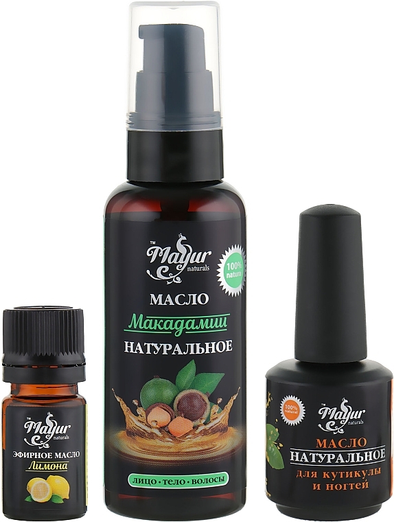 Skin & Nail Care Set "Macadamia & Lemon" - Mayur (oil/50 ml + nail/oil/15 ml + essential/oil/5 ml) — photo N1