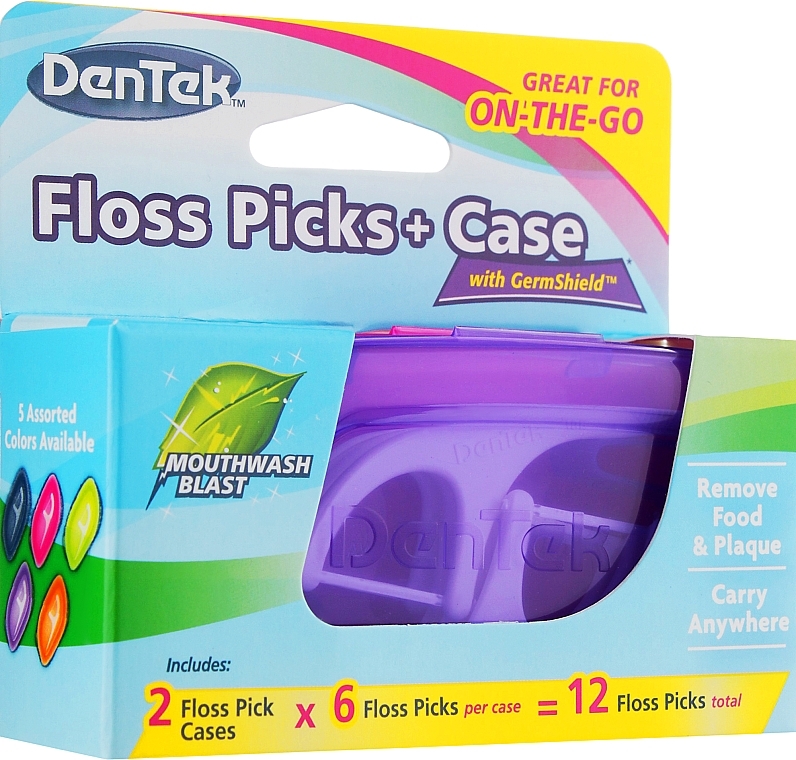 Floss Picks + 2 Travel Cases Set, purple + crimson - Dentek Moulthwash Blast — photo N1