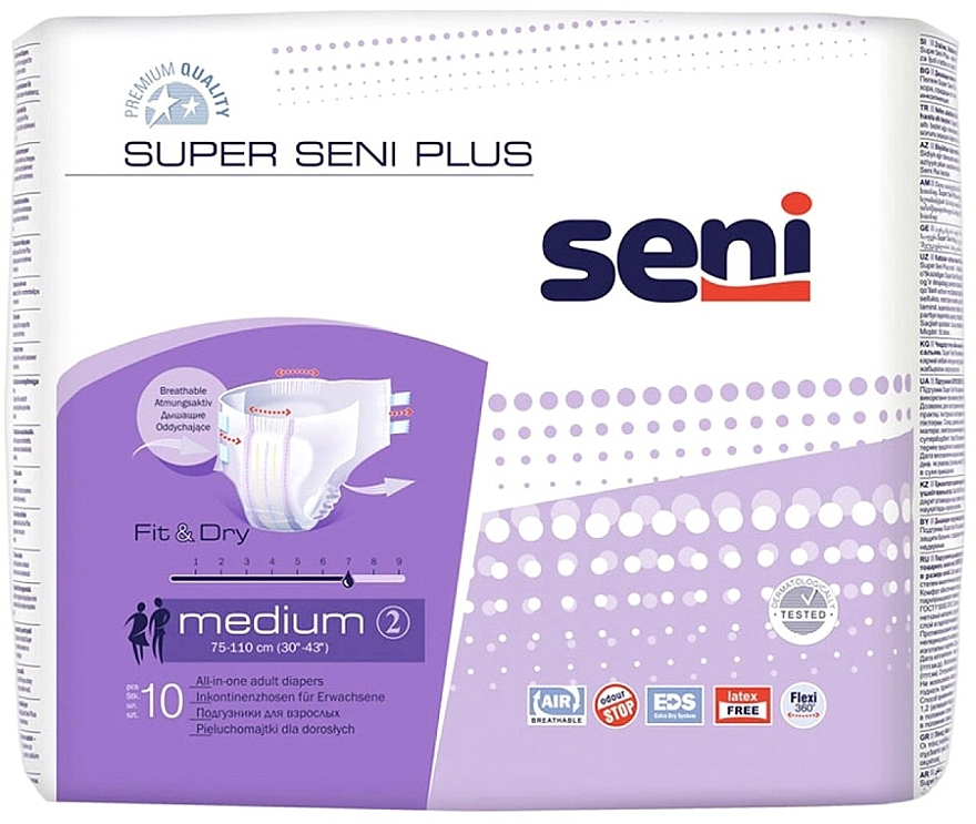 Super Seni Plus Adult Diapers, 75-110 cm - Seni Medium 2 Fit & Dry  — photo N1