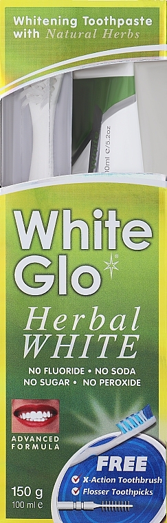 Set with White-Yellow Toothbrush - White Glo Herbal White Set (t/paste/100ml + t/brush/1pc + dental/flosser) — photo N2