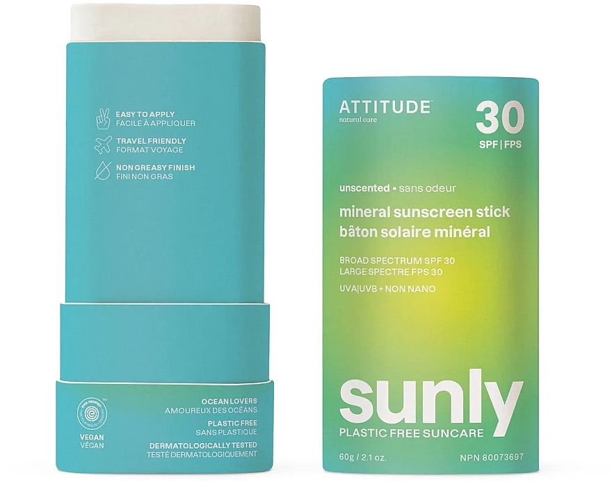 日焼け止めスティック - Attitude Sunly Sunscreen Stick Unscented SPF30 — photo N1