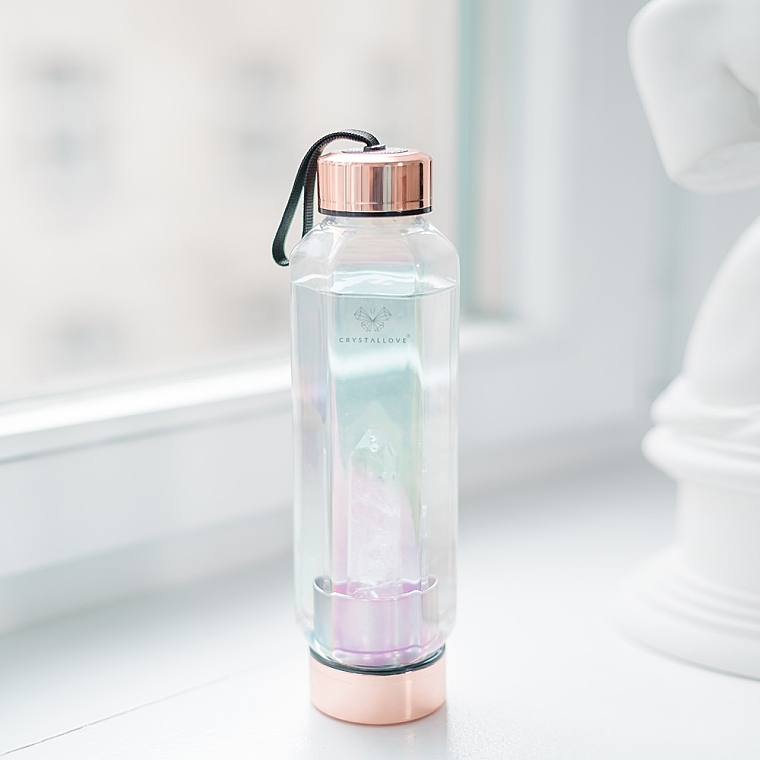 Glass Holographic Water Bottle with Rock Crystal, 650 ml - Crystallove Hexagon Hologram Rock Crystal Bottle — photo N2