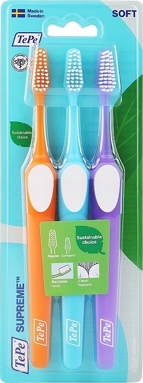 Toothbrush Set, purple + blue + orange - Tepe Supreme Soft  — photo N1