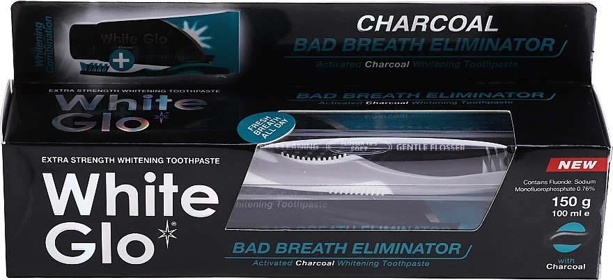 Bad Breath Eliminator Set, woothbrush with light blue bristle - White Glo Charcoal Bad Breath Eliminator (t/paste/100ml + t/brush/1) — photo N1