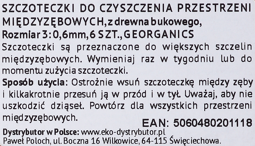 Interdental Brushes, ISO 3 0.6 mm, 6 pcs - Georganics Beechwood Interdental Brushes — photo N2