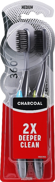 Toothbrush with Activated Charcoal, Medium Hard, blue + light green - Colgate 360 Black Toothbrush Medium — photo N1
