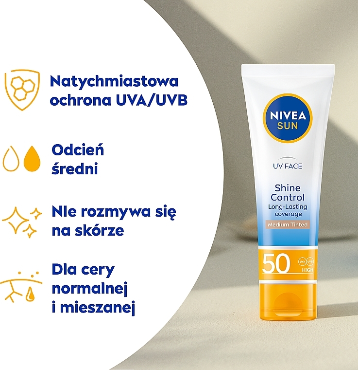 Mattifying Face Cream SPF50 - Nivea Sun UV Face Shine Control Mattifying Effect Medium Tinted Cream SPF50 — photo N4