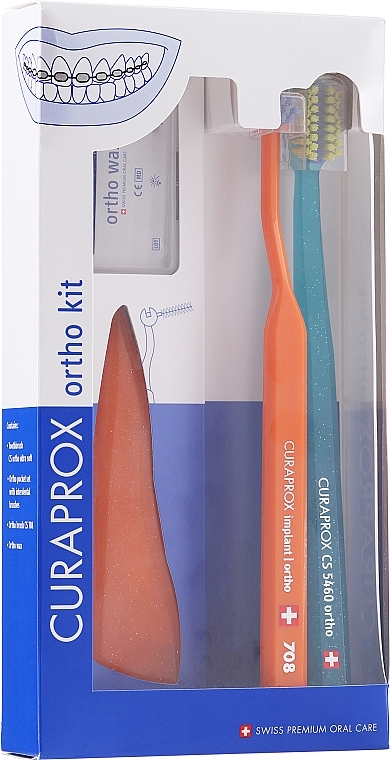 Set, option 30 (orange, orange, blue) - Curaprox Ortho Kit (brush/1pcs + brushes 07,14,18/3pcs + UHS/1pcs + orthod/wax/1pcs + box) — photo N1