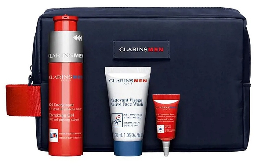 Set - Clarins Men Energizing Essentials (f/gel/50ml + eye/gel/3ml + f/wash/30ml + serum/sample/0.9ml + bag) — photo N2