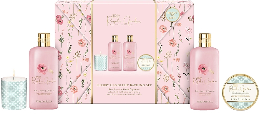 Set - Baylis & Harding Royale Garden Rose, Poppy & Vanilla Gift Wrapped Candletlit Gift Set (sh/cr/300ml + h/cr/50ml + b/bubble/300ml + candle/60g) — photo N1