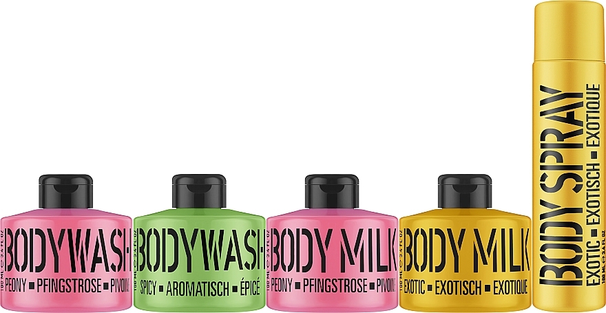 Set "Pink Peony, Ecotic Yellow & Spicy Lime" - Mades Cosmetics Beauty Booster (sh/gel/2x100ml + b/ilk/2x100ml + b/spray/100ml) — photo N2