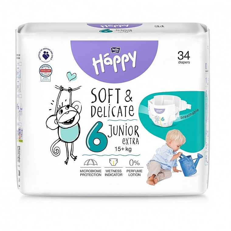 Baby Diapers 15+ kg, size 6 Junior Extra, 34 pcs - Bella Baby Happy Soft & Delicate — photo N1