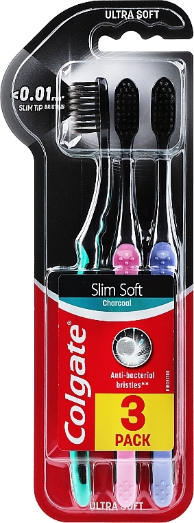Ultra Soft Toothbrushes, turquoise + pink + purple - Colgate Slim Soft Charcoal Ultra Soft — photo N1